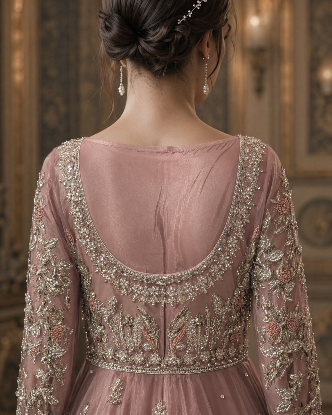 Gorgent Peach Pink Bridal Maxi with Silver & Resham Work — SKU P 5004