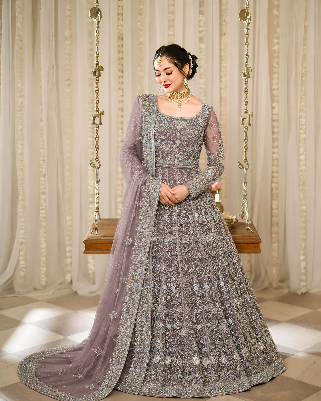 Gorgent Pale Purple Bridal Maxi with Silver Work — SKU P 5005