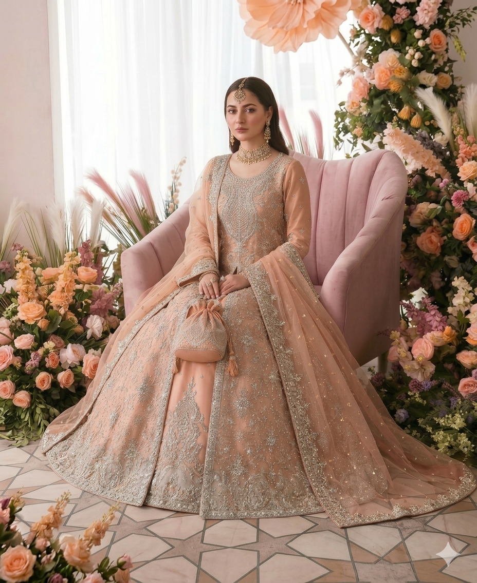 Gorgent Peach Bridal Maxi Open Gown 3-Piece — SKU P 5009
