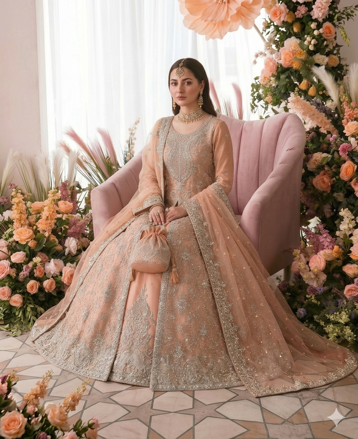 Gorgent Peach Bridal Maxi Open Gown 3-Piece — SKU P 5009