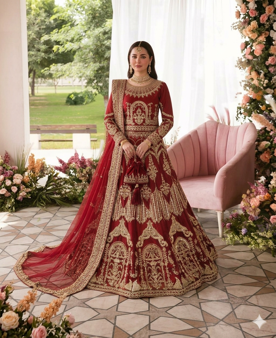 Gorgent Rose Red Bridal Lehenga with Short Shirt — SKU P 5007