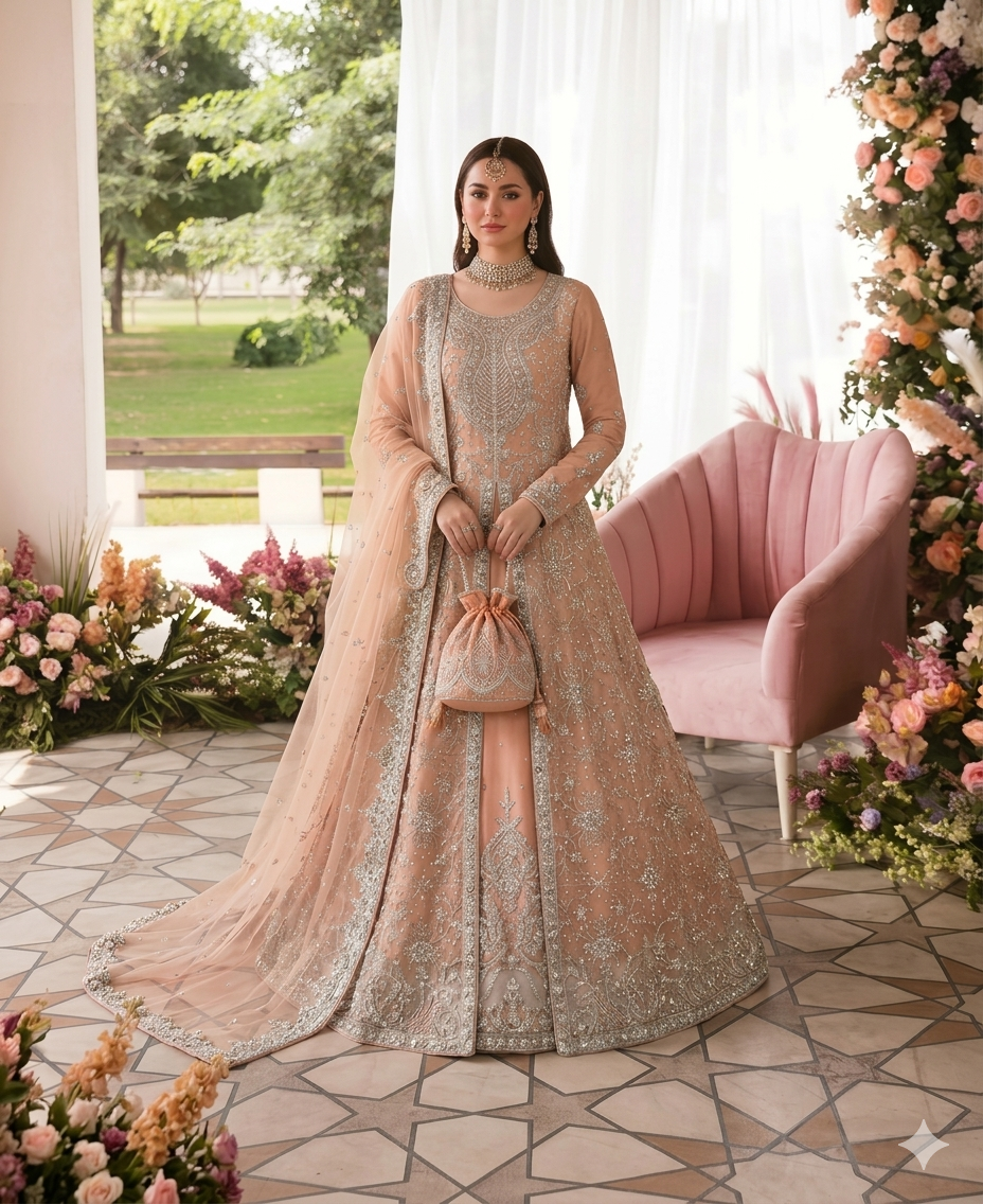 Gorgent Peach Bridal Maxi Open Gown 3-Piece — SKU P 5009